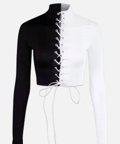In Control Clothing Black And White Lace-Up Top Bestsellers