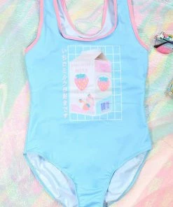 In Control Clothing Blue Strawberry Milk Graphic Print One Piece Swimsuit Bestsellers