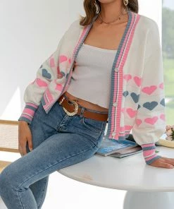Trendsi Heart Print Striped Contrast Cropped Cardigan Bestsellers