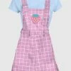 In Control Clothing Bestsellers Pink Strawberry Grid Overalls
