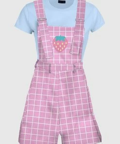 In Control Clothing Bestsellers Pink Strawberry Grid Overalls
