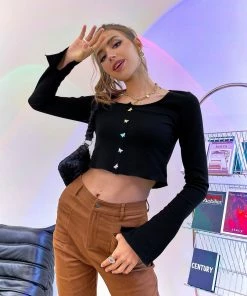 Trendsi Bestsellers Slit Cuff Butterfly Button Down Cropped Knit Top